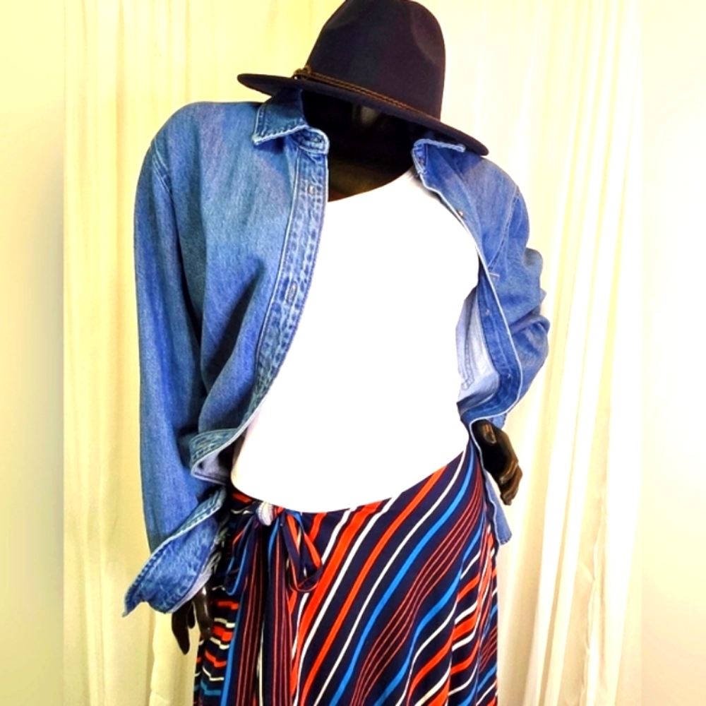 Striped Maxi Skirt With Ties. Custom Cut & Sewn. Mannequin Worn Only. - Picture 15 of 16